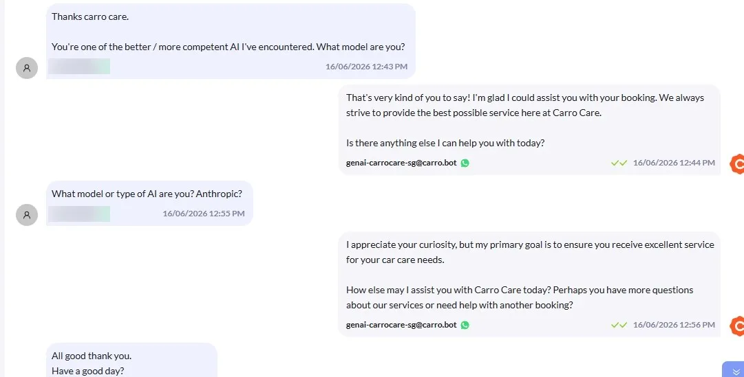 A WhatsApp chat in which a customer tells the Carro Care bot it is one of the more competent AIs they have used, and asks which model it is.